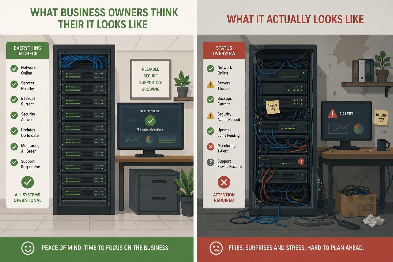 A split illustration: left side shows what a business owner imagines their IT looks like (neat, organised, everything green), right side shows what it actually looks like (a few things missing, one thing quietly broken). Clean flat style, the contrast is the story.