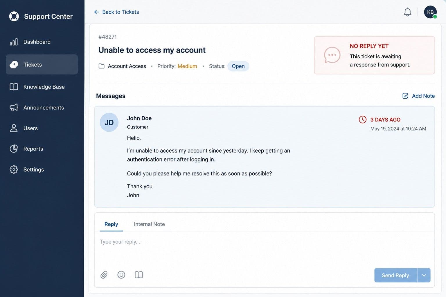 A support ticket interface showing a message sent three days ago with no reply. The timestamp is prominent. The interface looks professional but the unanswered message is the focus. Flat UI illustration style. Muted colours.