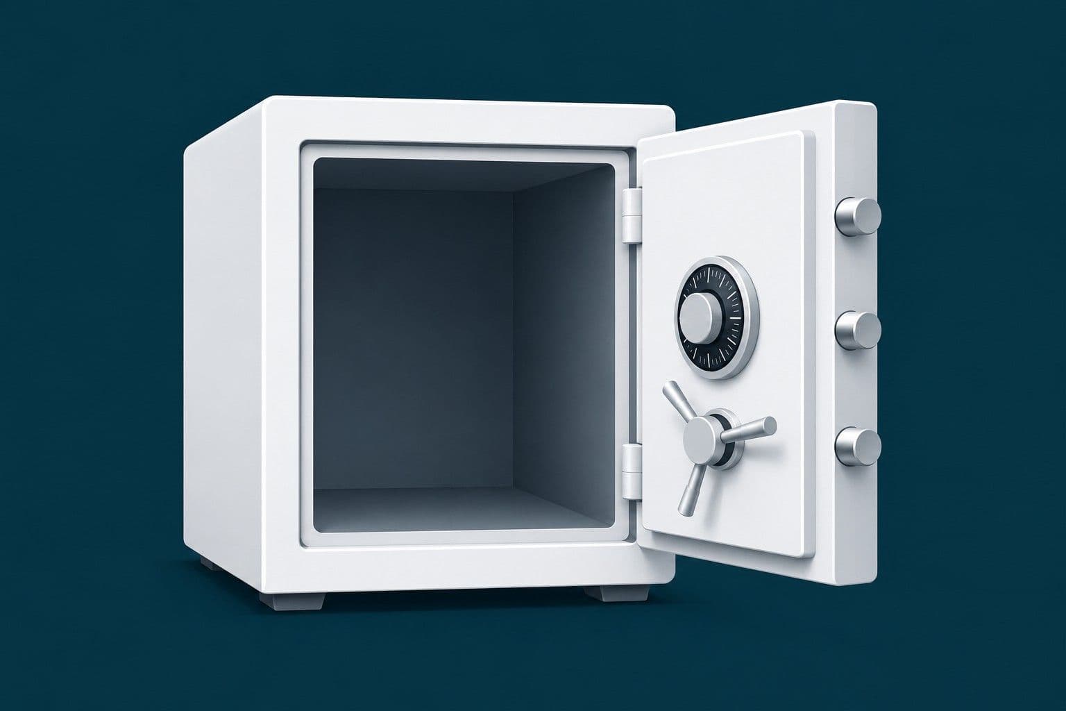 A safe with the door open and nothing inside. Clean flat illustration. The safe looks professional and secure from the outside. The emptiness inside is the visual punchline. Dark teal background, white safe.