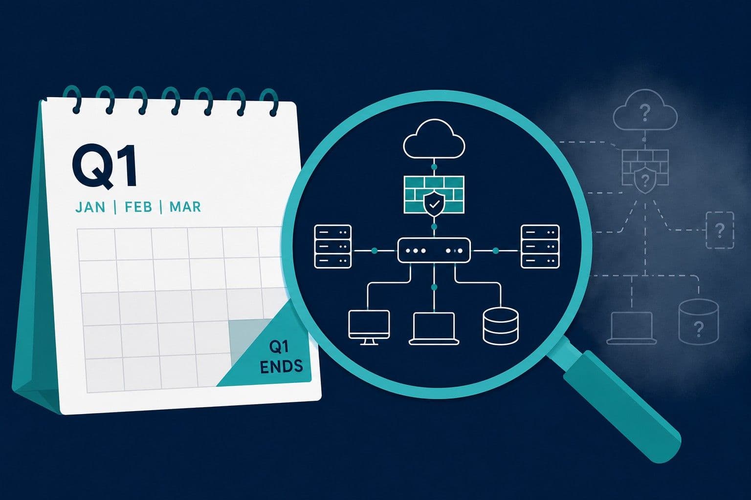 A calendar page showing Q1 ending, with a magnifying glass hovering over a network diagram. Flat illustration style. The magnifying glass reveals clear, organised infrastructure beneath a foggy or incomplete view. Teal and navy.