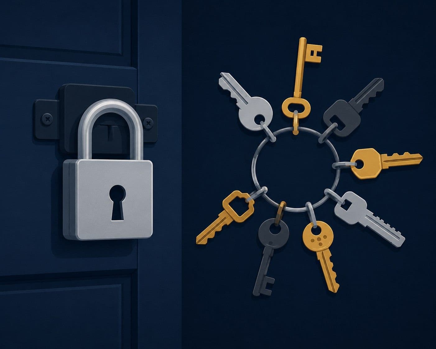A locked padlock on a door with a keyhole, and a ring of keys where none of them fit. Clean flat illustration. The visual tension is the mismatch between the keys available and the lock that needs opening. Dark navy background.