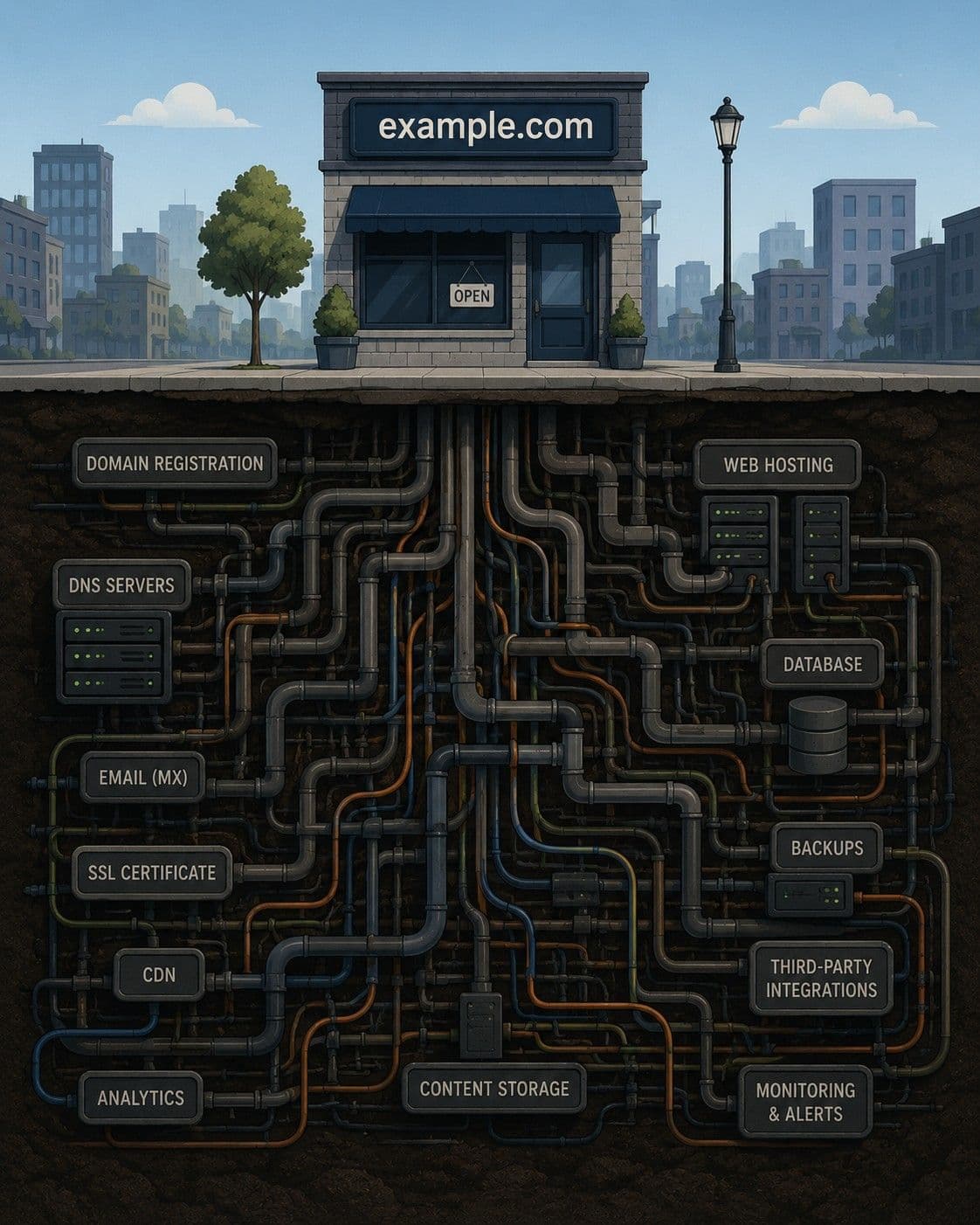 A website shown as one visible building on a street, but below the surface an extensive underground network of pipes and cables extends much further. Cross-section illustration style. The visible surface is small relative to the hidden infrastructure below.