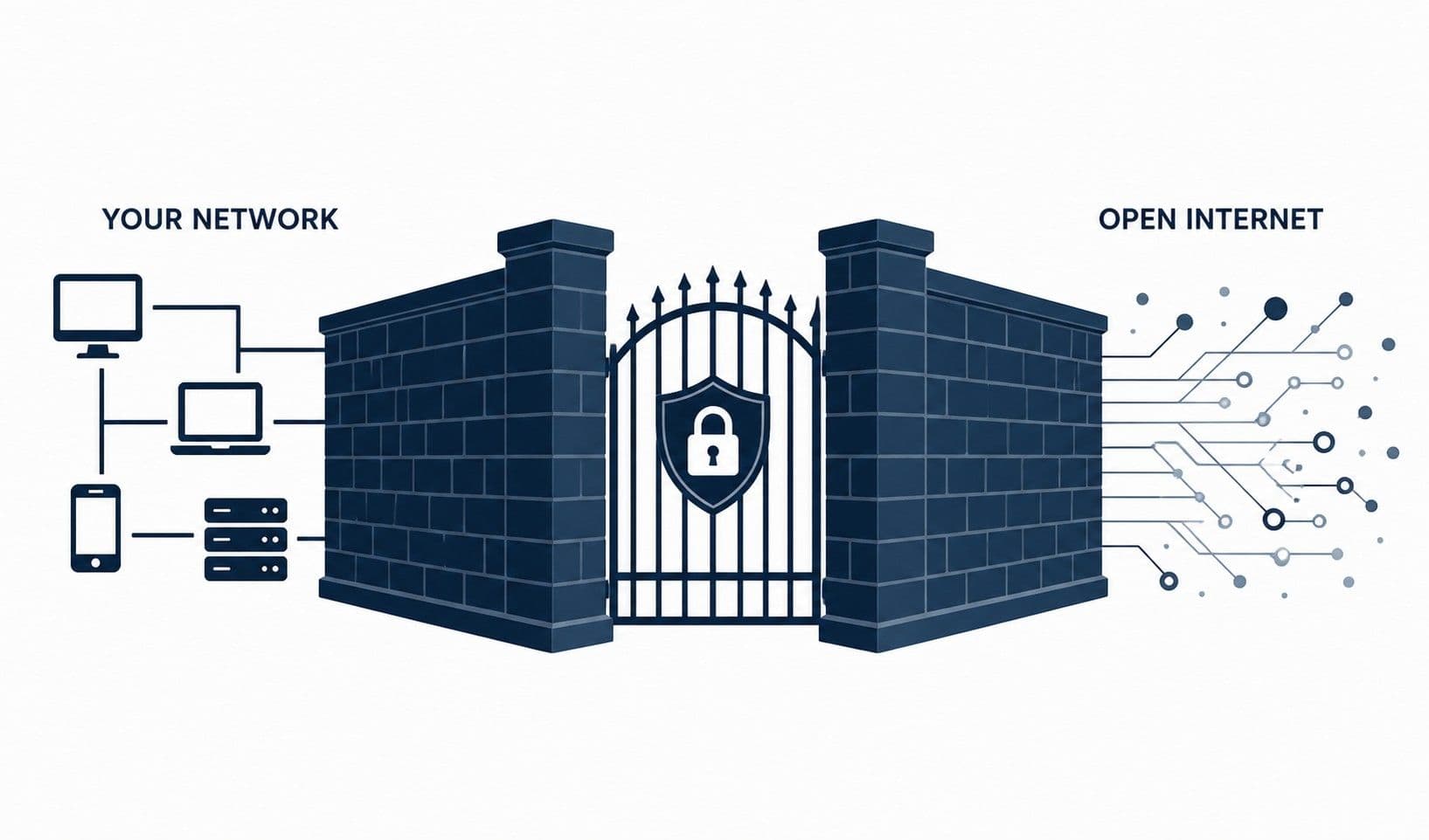 A sturdy brick wall with a single guarded gate, rendered as a clean flat illustration. One side is labelled "your network" in simple type, the other side is open internet represented by abstract connection lines. Neutral colour palette, dark navy and white.