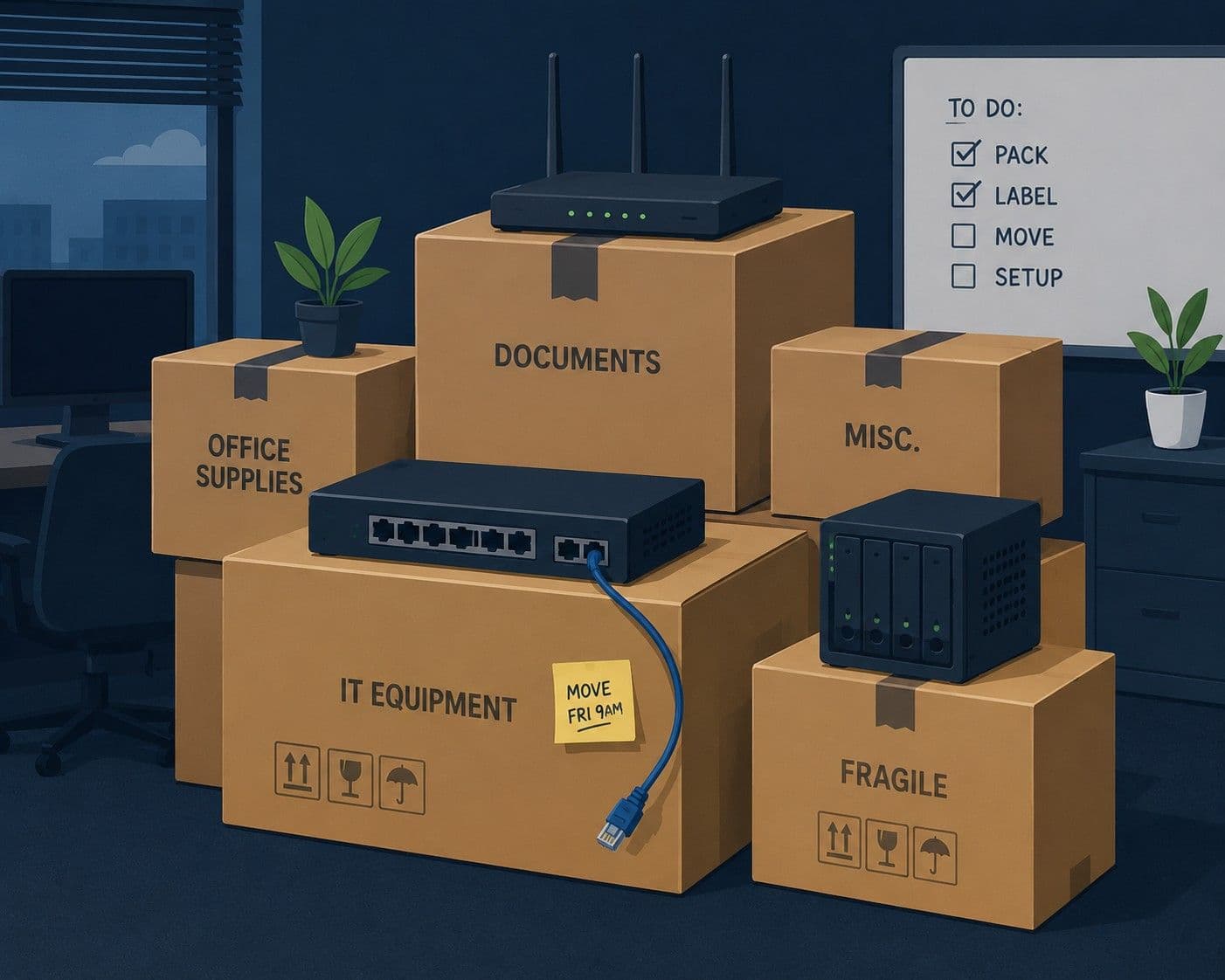Moving boxes stacked in an office, with ethernet cables, a router, and a small server visible among the boxes. One cable is unplugged and dangling. Flat editorial illustration. The unplugged cable is the detail that tells the story.