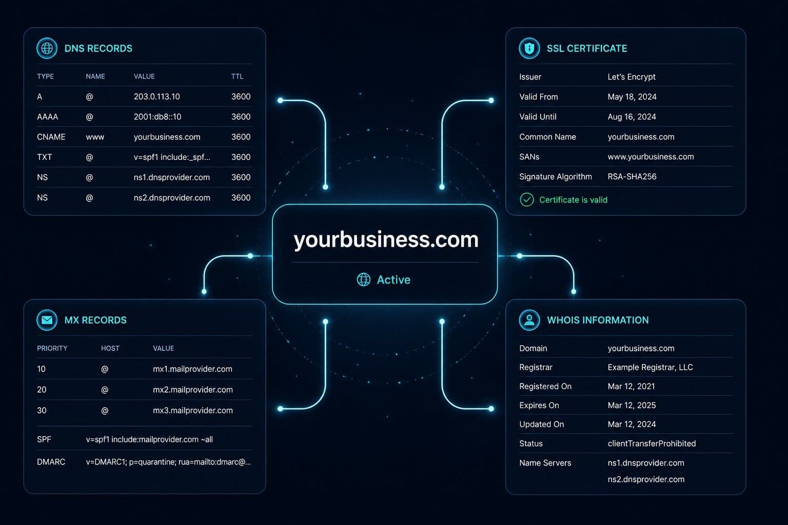 A stylised view of a business domain from the outside: DNS records, SSL certificate details, MX records, and WHOIS data floating around a central domain name like a network map. Rendered as a clean dark-background diagram with glowing connection lines. Not threatening, just technical and revealing.