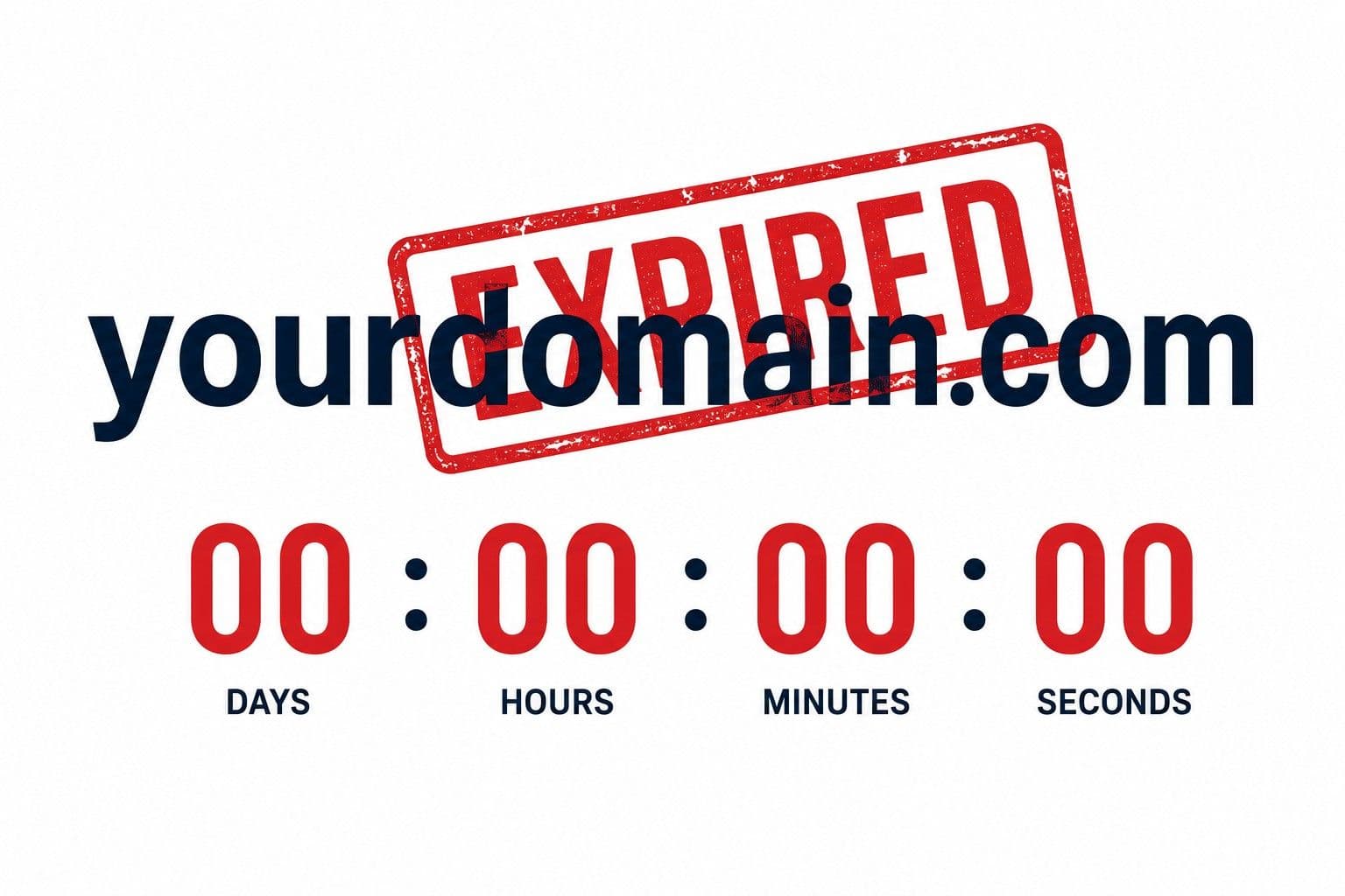 A domain name in large type with a bold red EXPIRED stamp across it. Below it, a countdown timer showing zeros. Clean, high contrast, slightly alarming without being panicked. White background, red and dark navy type.