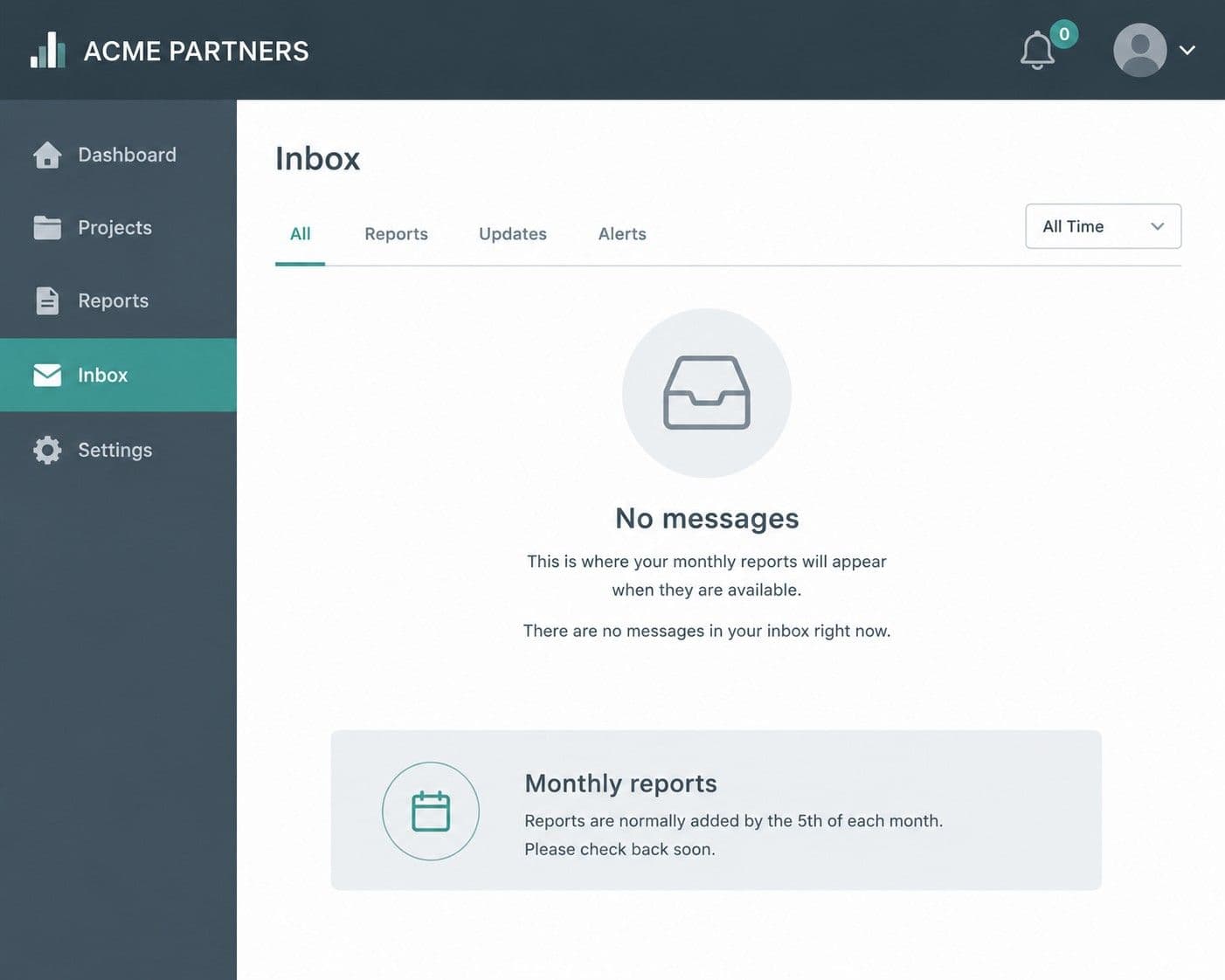 An empty inbox notification area where monthly reports should appear. The notification bell has a zero count. Clean UI flat illustration style. The absence of information is the message. Muted grey and teal.