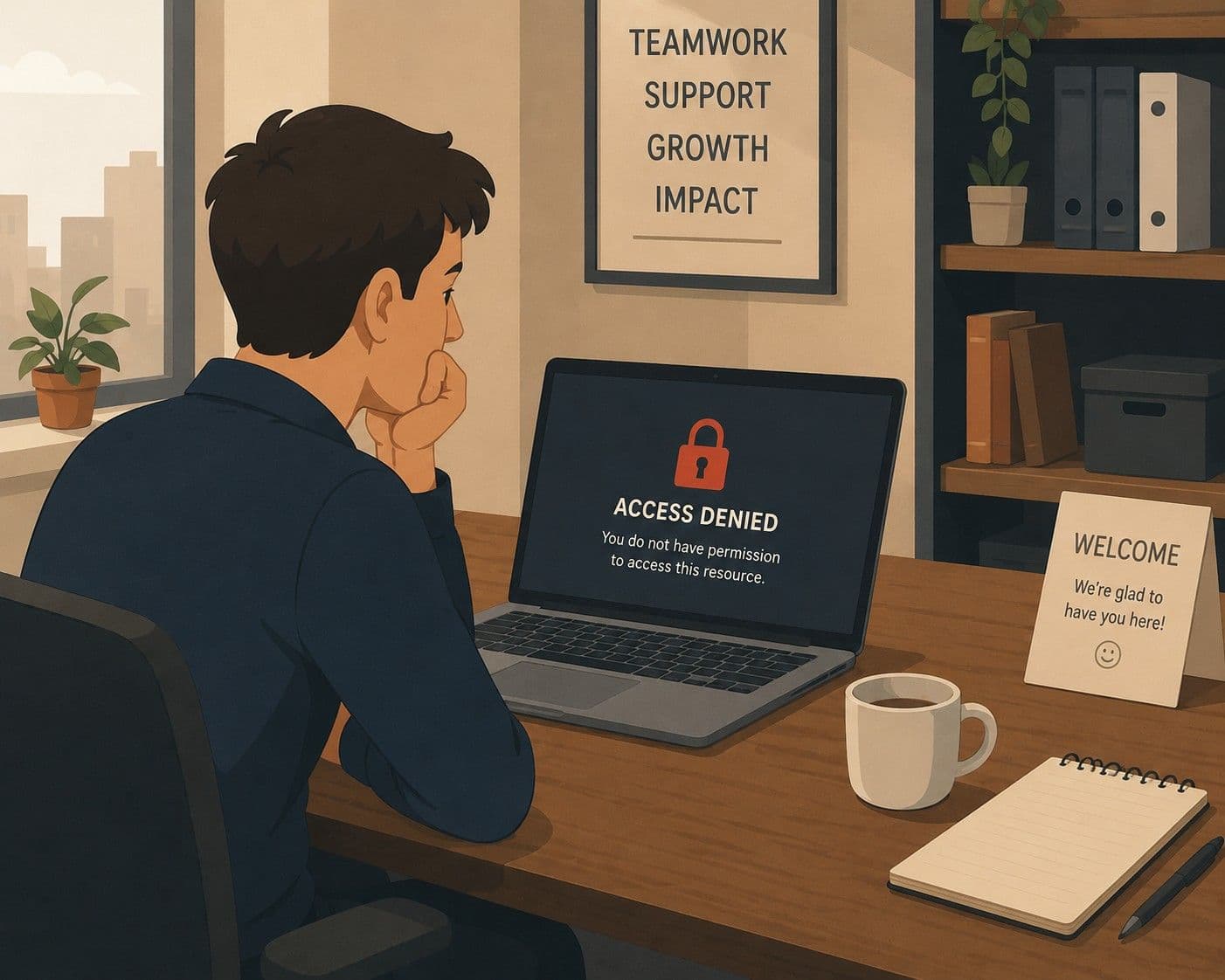 A new employee sitting at a desk with a laptop showing a "access denied" screen. On the desk: an empty coffee cup and a notepad with nothing written on it. Flat illustration. The expression is patient but the situation is clearly frustrating. Warm office tones.