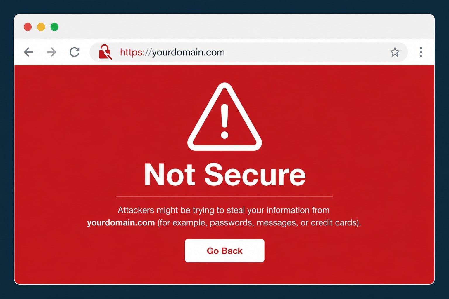 A browser window showing a red "Not Secure" warning screen, rendered as a clean flat illustration. The URL bar shows a broken padlock icon. The warning fills most of the browser viewport. High contrast red and white.